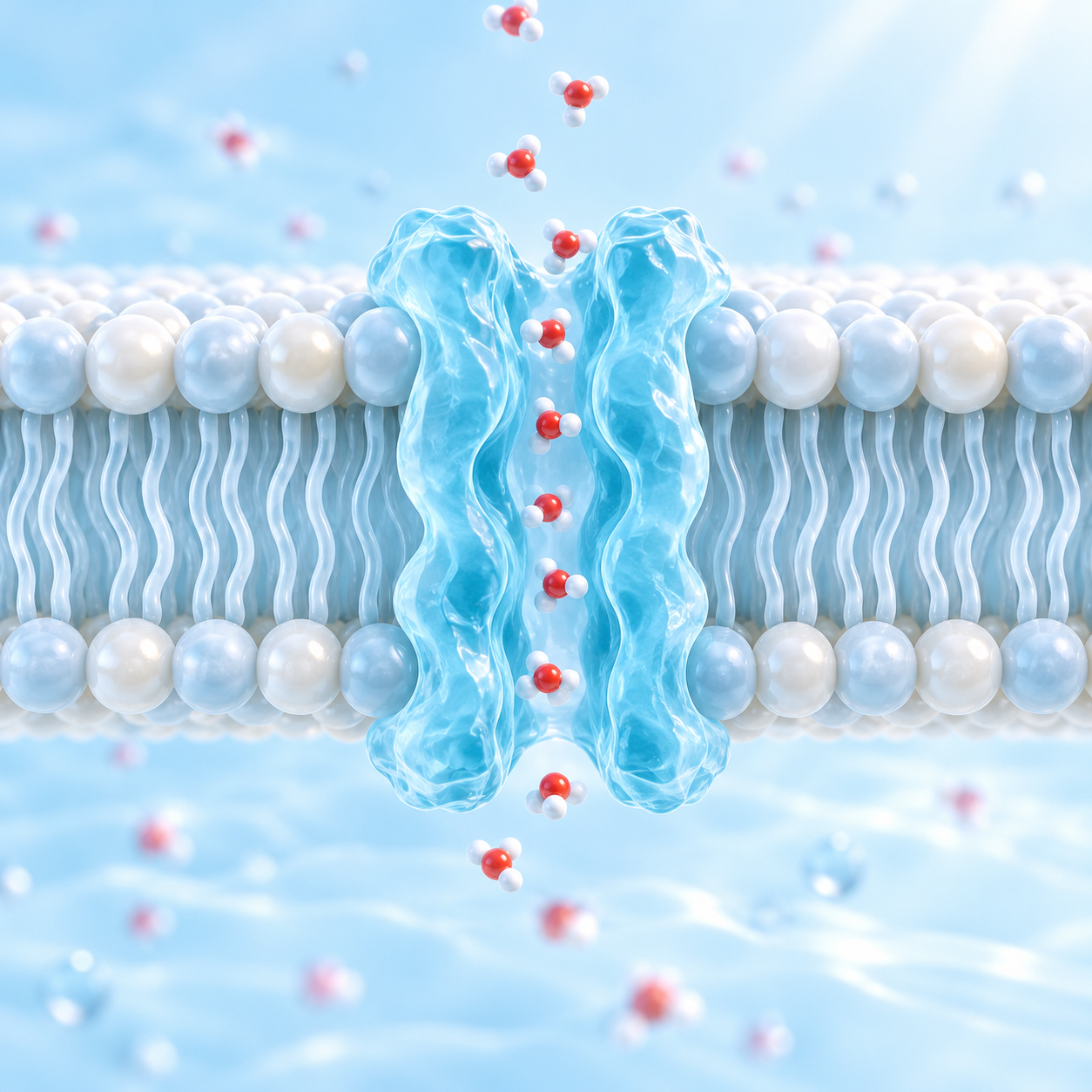 寫實概念示意：水分子沿水通道蛋白穿越細胞膜